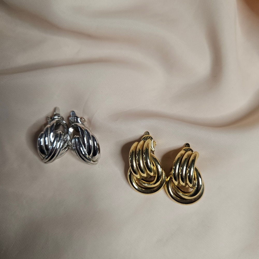 Vintage Trifari Clip On Earrings Set Silver Tone Swirl Gold Tone Triple Hoop 2pr